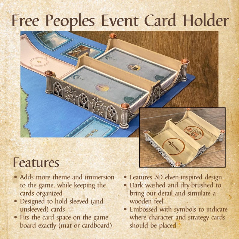 Może przedstawiać: Beżowy uchwyt na karty wydarzeń Free Peoples z elfickim wzorem. Uchwyt ma tr&oacute;jwymiarowy design i jest wytłoczony symbolami. Tekst "Free Peoples Event Card Holder" znajduje się na g&oacute;rze.