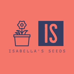 May include: A logo on a coral background features a potted flower illustration and the text "ISABELLA'S SEEDS" in a sans-serif font. The letters "IS" are in a navy blue square.