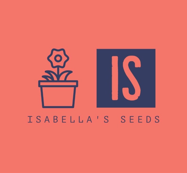 May include: A logo on a coral background features a potted flower illustration and the text "ISABELLA'S SEEDS" in a sans-serif font. The letters "IS" are in a navy blue square.