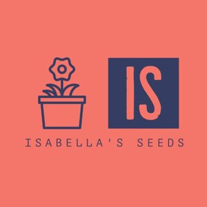 Pu&ograve; includere: Un logo per un'azienda chiamata "Isabella's Seeds" che presenta un contorno blu di una pianta in vaso con un fiore e la parola "IS" in un quadrato blu.
