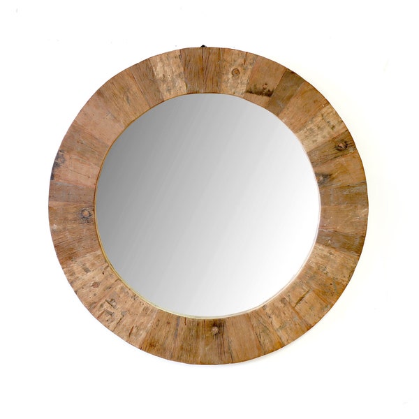 Runder Vintage-Spiegelrahmen aus recyceltem Holz. Antiker Spiegelrahmen. Natürliches Holzfinish.