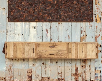 Rustic wooden Wall mounted TV cabinet | 2Door 2Drawer Reclaimed wood Plazma Stand | Antique Bleach Finish | TV unit stand for Living Room.