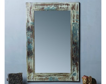 Reclaimed wooden Mirror in Antique Blue Finish | Handmade | Handcrafted | Rustic Farmhouse Mirror Frame | Bathroom Mirror | Dressing Mirror.