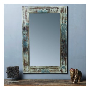 Reclaimed wooden Mirror in Antique Blue Finish | Handmade | Handcrafted | Rustic Farmhouse Mirror Frame | Bathroom Mirror | Dressing Mirror.