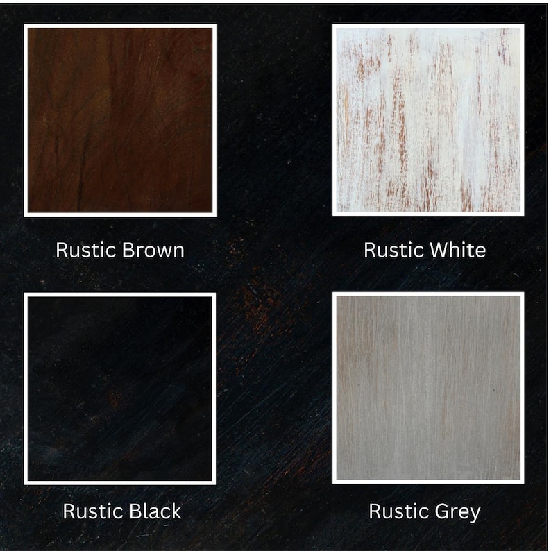 Puede incluir: Cuatro im&aacute;genes cuadradas que muestran texturas de madera. Los colores son marr&oacute;n r&uacute;stico, blanco r&uacute;stico, negro r&uacute;stico y gris r&uacute;stico. Cada cuadrado tiene un borde blanco y una etiqueta con el nombre del color en una fuente sans-serif.