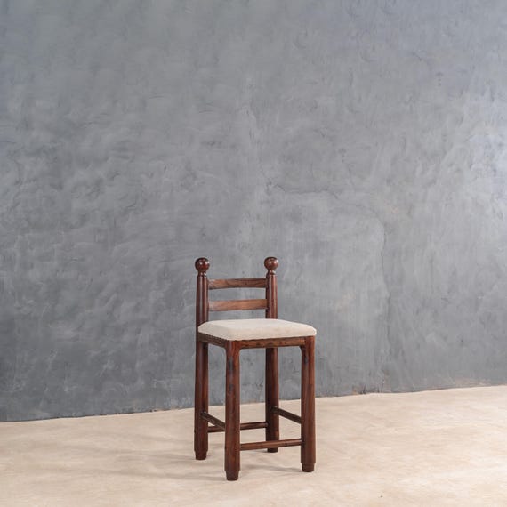 Rustic Reclaimed Wood Ghumti Counter Stool: Upholstered Bar Chair with Backrest