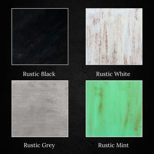 May include: Four wood samples in different colours: rustic black, rustic white, rustic grey, and rustic mint. The samples are arranged in a grid pattern on a dark background.