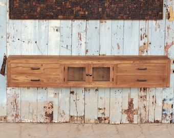 Rustic Reclaimed teak wood Wall mounted TV cabinet / Stand | 2Door 4Drawer wooden Media Centers | Rustic Finish | TV stand for Living Room.