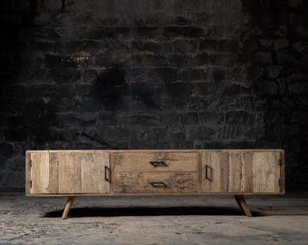 Rustic Reclaimed Wood TV Stand: Bleached Finish, 2-Door 2-Drawer Media Cabinet