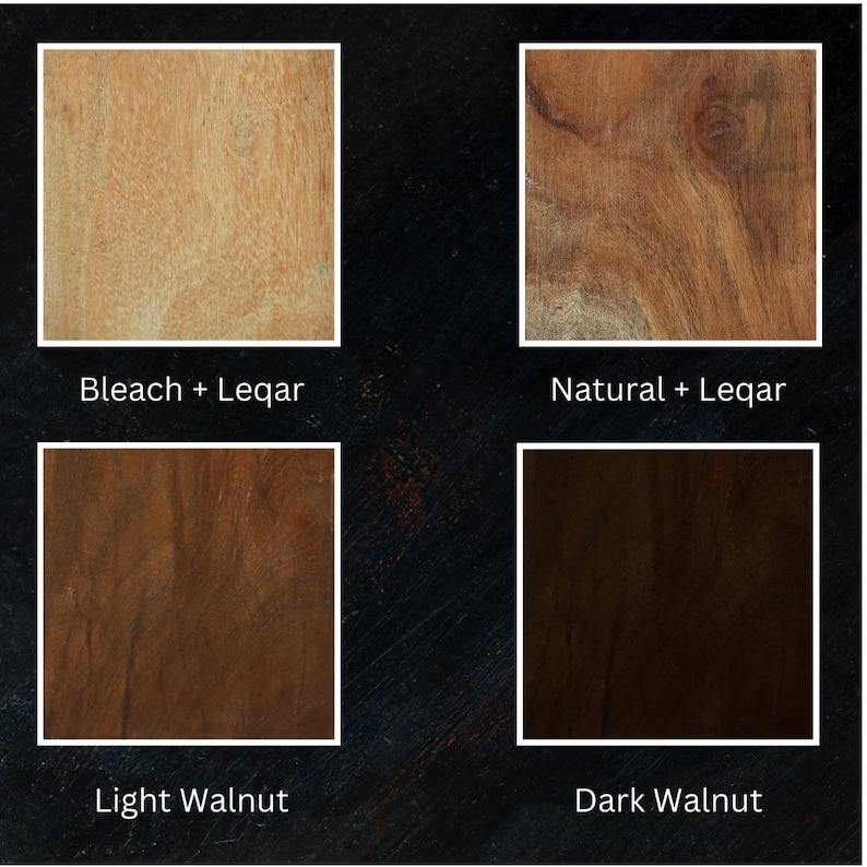 Może przedstawiać: Cztery pr&oacute;bki drewna w kwadratach z białymi obramowaniami na ciemnym tle. Pr&oacute;bki są oznaczone jako "Bleach + Leqar", "Natural + Leqar", "Light Walnut" i "Dark Walnut", prezentując r&oacute;żne odcienie i wykończenia drewna.