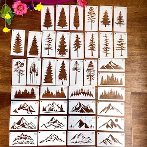 50 Piece Small Tree and Mountain Stencil Set. 10cm Forest Stencil. Tree Stencil. Plastic Stencil for Paint. Nature Stencil.DIY Craft Stencil