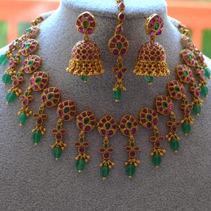 Kemp Stone Choker Set: Jhumki Earrings & Maang Tikka, Indian Temple Jewelry