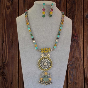 92.5 Silver Coated Glass Stone Long Necklace Set/Indian Jewelry/German Silver Necklace Set/Indian Jewelry/Ethnic Jewelry/Boho/Tribal Jewelry