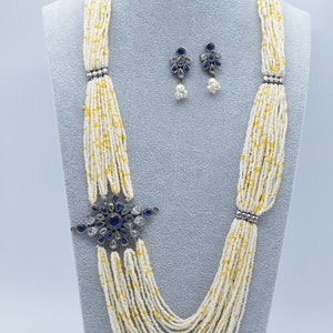 GS Pearl Layered Side Broch Long Necklace Set/Fusion Jewelry/Long German Silver Necklace/Indian Jewelry/Navratri Jewelry/Pearl layered Mala