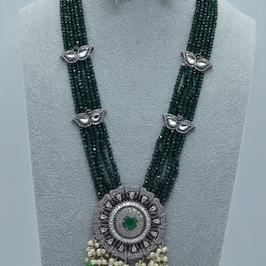 Designer CZ Center Pendant Long Necklace Set/Victorian Finish Set/Indian Long Necklace/Statement Long/Traditional Long Mala/Semi Precious