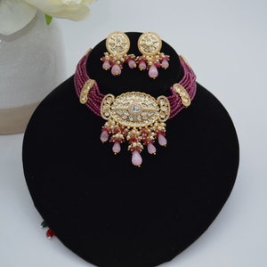 Magenta Kundan Choker Set: Indian Necklace, Gold Plated Jewelry