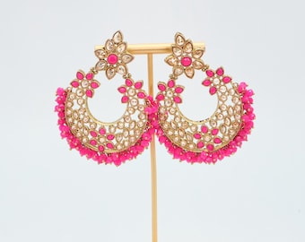 Hot Pink Kundan Chandbali Earrings: Indian Party Jewelry
