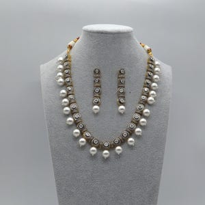 Dual Tone Kundan Necklace Set: Polki, Pearl, Gold Plated