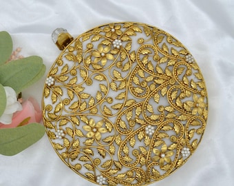 Round Floral Cut Clutch - Gold/Bridal Wedding Clutch/Evening Clutch/Mother Pearl Clutch/Brass Handmade Clutch/Gift For Her/Evening Bags