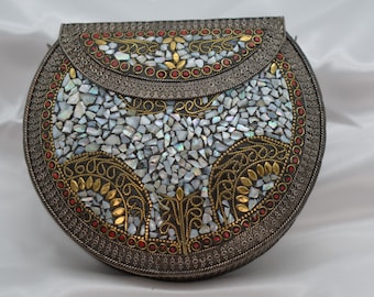 Mosaic Clutch, German Silver Clutch, Silver Metal Clutch, Silver Mosaic Embellished Purse,Partywear Clutch, Vintage Clutch, Handmade Clutch