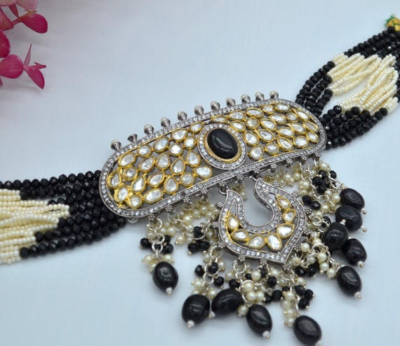 TheSparklingTrendz Tyaani Inspired Black Beads Choker Necklace Set Victorian Finish Choker Kundan Chic Choker Pakistani Jewelry Indian Jewelry Indian Wedding
