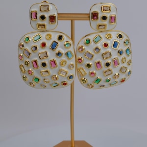 Enamel Rectangle Multi Color Crystal Earrings/Geometric Drop Earrings/Unique Modern Trendy Statement Earrings/Gift for Her/Enamel Earrings