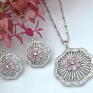 Gulshan Large Pave Flower Pendant Set/Pendant Set Earrings /Indian Jewelry/Silver Finish Plated Set/Cubic Zirconia/Bridesmaids Gift/AD Set