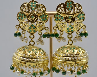 Jadau Jhumki Earrings: Hyderabadi Pearl Emerald Green Jhumka