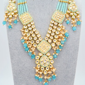AC Kundan Necklace Set/Kundan long Necklace Set/Kundan Rani Haar/Multi-strand Necklace/Indian jewelry/Bridal Necklace Set/Sky Blue Necklace