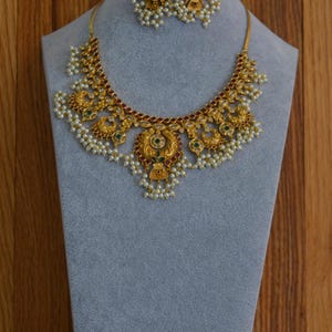 Kemp Multi Stone Necklace Set/Matte Gold Finish Necklace/Temple Jewelry/Kemp Jewelry/Traditional Jewelry/Indian Jewelry/Guttapusalu Necklace