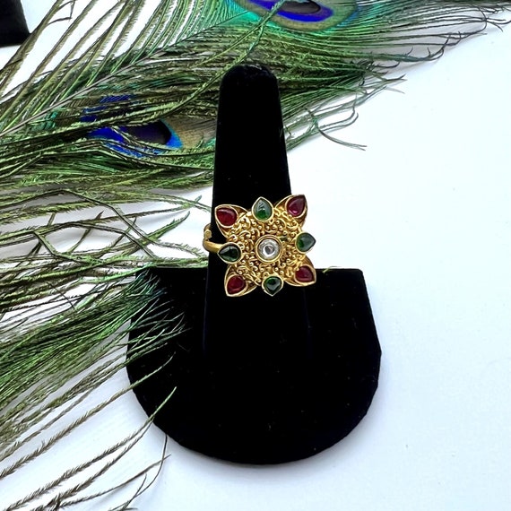 Antique Gold Flower Design Kemp Stone/matte Gold Traditional Design Premium  Quality South Indian Style/adjustable Ring With Red Green Stone - Etsy