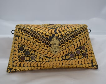 Gold & Black Metal Mosaic Embellished Clutch/Metal Clutch/Indian Bag/Vintage Style Purse /Handmade Clutch /Gift for her/ Gold Metal Purse