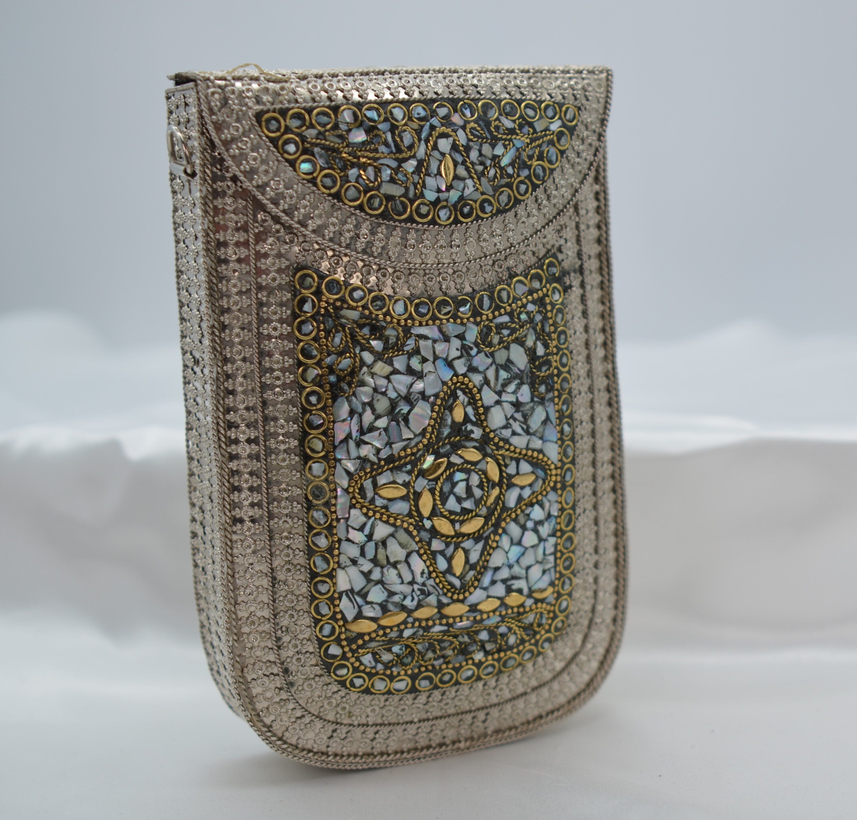 Mosaic Mobile Clutch/Metal Clutch/ Indian Handmade Sling Bag/Vintage Style Purse/ Handmade Clutch/Gift for her/Silver Metal Purse/brass bag