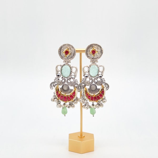 92.5 Pachi Kundan Earrings/Big Statement Jhumki Earrings/Oxidized Earrings/92.5 Silver Coated Earrings/Tribal/Indian Jewelry/Boho Jewelry