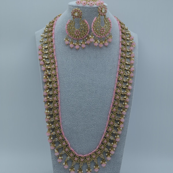 Pakiza Polki Long Necklace Set with Tikka/Indian Long Necklace Set/Indian Jewelry/Punjabi Jewelry/IndianWedding/Rani Haar/Necklace Tikka Set