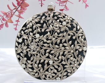 Round Floral Cut Clutch - Silver/Bridal Wedding Clutch/Evening Clutch/Mother Pearl Clutch/Brass Handmade Clutch/Gift For Her/Evening Bags