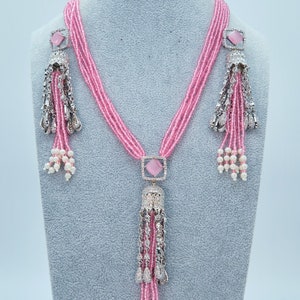 Indo Western Style CZ Pendant Necklace Set/Multi-Strands American Diamond Beads Necklace/Indian Long Necklace/Indian Wedding/Bridal Jewelry