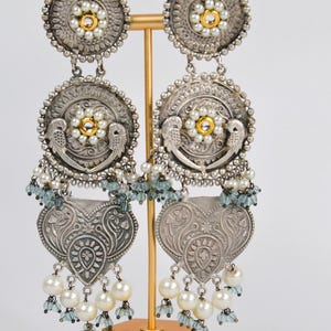 German Silver Vintage Handcrafted Pearls Tassels Long Earrings/SLA Earrings/Oxidized Earrings/Indian Jewelry/Boho Jewelry/Navratri Jewelry