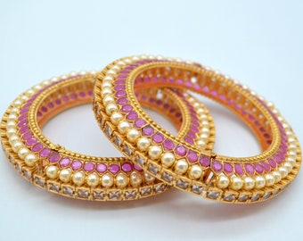 Traditional Kemp With Pearl Openable Pacheli Kada - Pair/Gold Ruby Patla/Indian Gold Bangles/Pacheli Bangles 2.4/2.6/Indian Jewelry/Polki