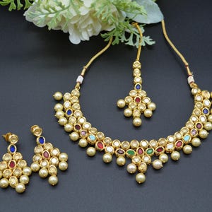 Navratan Uncut Kundan Necklace Set With Tikka/Gold plated Navratna Necklace & matching Earrings,Tikka with Pearl drops/Ethnic Indian Jewelry