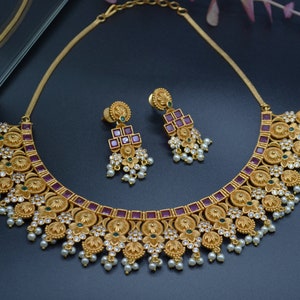Kemp Multi Stone Necklace Set/Temple Jewelry/Kemp Jewelry/TraditionalNecklace Set/South Indian Jewelry/Indian Jewelry/Matte Gold Necklace