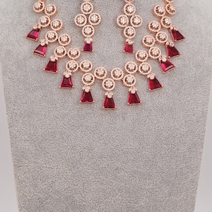 American Diamond Necklace Set/CZ Dangler Set/Indian Jewelry/Rose Gold Set/Crystal Necklace/Ruby Diamond Necklace/Bridal Wedding Jewelry