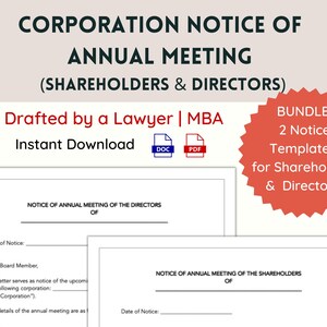 Notice of Annual Meeting to Shareholders & Directors | Corporation Notice of Meeting Legal Template | Corporate Meeting Notice Forms