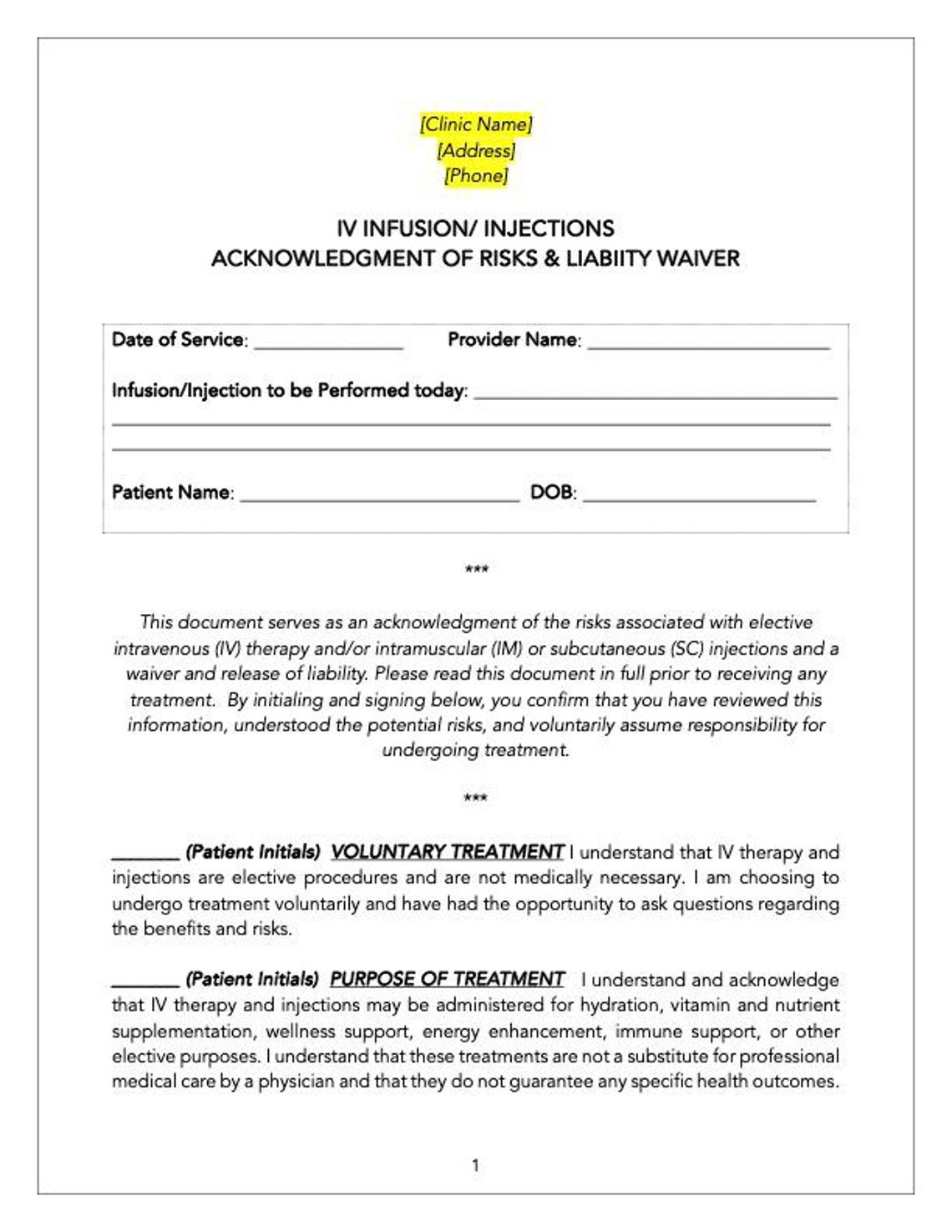 R Iv Forms.pdf IV Therapy Acknowledgement of Risks Vitamin Injection Waiver IV Clinic ...
