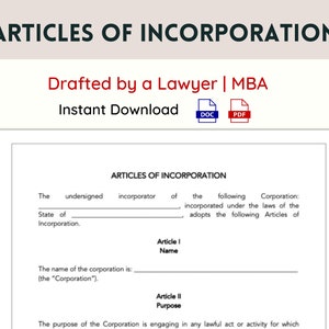 Articles of Incorporation | Corporate Formation Documents | New Corporation Legal Template | New Business Editable Template Corporation Form
