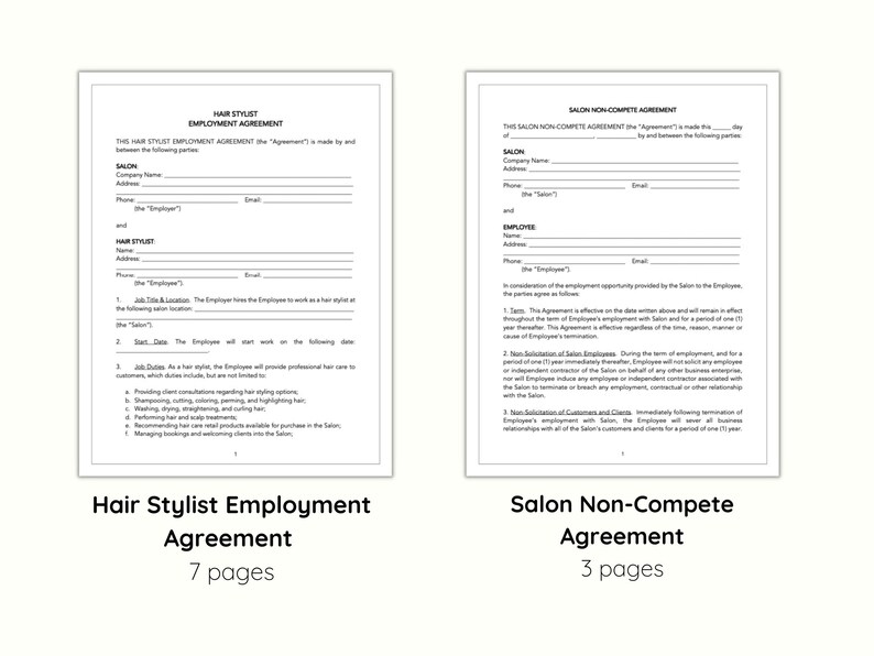 Hair Stylist Employment Agreement and Non Compete, SALON Business Forms Bundle, Hair Salon Legal
