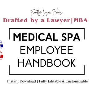 Może przedstawiać: Czarno-biały obraz z tekstem "MEDICAL SPA EMPLOYEE HANDBOOK" w czarnym polu. Tekst "Pretty Legal Forms" jest różowy nad polem. Tekst "Drafted by a Lawyer | MBA" jest różowy pod polem. Tekst "Instant Download | Fully Editable & Customizable" jest czarny pod polem. Obraz zawiera również ikony dla pliku DOC i pliku PDF.