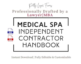 Könnte beinhalten: Eine schwarz-weiße Grafik mit dem Text "MEDICAL SPA INDEPENDENT CONTRACTOR HANDBOOK" in einem weißen Kasten mit schwarzem Rand. Der Text "Pretty Legal Forms" befindet sich oberhalb des Kastens in brauner Schrift. Der Text "Professionally Drafted by a Lawyer MBA" befindet sich unterhalb des Kastens in brauner Schrift. Der Text "Instant Download | Fully Editable & Customizable" befindet sich unterhalb des Kastens in grauer Schrift. Die Grafik enthält auch Symbole für DOC- und PDF-Dateien.