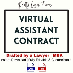 Könnte beinhalten: Ein Schwarzweißbild mit weißem Hintergrund. Der Text "VIRTUAL ASSISTANT CONTRACT" befindet sich in einem schwarzen Rechteck mit abgerundeten Ecken. Unter dem Rechteck steht der Text "Drafted by a Lawyer | MBA" in Rot. Darunter steht der Text "Instant Download | Fully Editable & Customizable" in Schwarz. Darunter befinden sich zwei Symbole, eines für eine DOC-Datei und eines für eine PDF-Datei.
