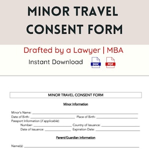 Formulario de consentimiento de viaje para menores / Formulario de autorización de viaje para niños / Plantilla legal / Totalmente editable / Formulario de permiso de viaje para niños